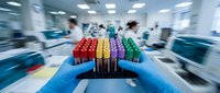 Test tubes with colorful liquids arranged in laboratory setting, held in gloved hand. Scientific research and chemical analysis concept for healthcare, medicine, and biotechnology applications.