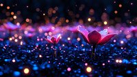 Glowing red lotus flowers against dark background with magical bokeh lights in blue and purple colors creating dreamy atmosphere for spiritual designs.