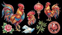 Colorful Chinese zodiac rooster set with lantern, peony, bamboo, and clouds, isolated on transparent background. Great for stickers, t-shirt design, and print on demand.