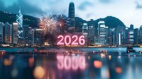 Glowing pink neon 2026 number floating over city skyline at night with fireworks display and water reflection creating festive new year atmosphere.