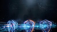 Young adult male, Caucasian appearance, cybersecurity professional, wearing digital armor shields with glowing blue and red neon effects, protecting data streams and network infrastructure in futuristic environment.