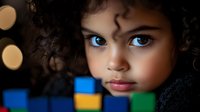 Young African American girl with bright blue eyes and curly hair gazes intently at camera, colorful building blocks in soft focus background create dreamy bokeh effect.