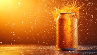 Refreshing aluminum beverage can with water drops and splashing liquid against vibrant orange background with dramatic lighting and dynamic motion effect.