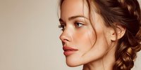 Profile view of young Caucasian woman with braided brown hair and natural makeup against neutral beige background, showcasing elegant beauty.