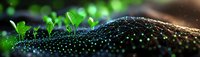 Young green seedlings emerging from dark soil with water droplets glistening in sunlight, symbolizing growth, renewal, and agricultural beginnings.
