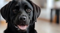 Black Labrador retriever with friendly expression and pink tongue showing, photographed in close-up against soft blurred background, displaying warm amber eyes.