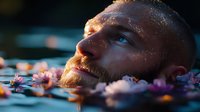 Young bearded Caucasian man floating in water with pink flowers at sunset, face partially submerged, showing peaceful expression and glowing skin in golden light.