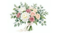 Elegant bridal bouquet with white peonies, pink roses and eucalyptus leaves tied with silk ribbon on white background for wedding design.