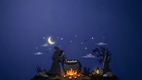 Silhouette of a witch stirring a glowing cauldron under moonlight with stars, dead trees, and lanterns in a spooky nighttime scene for Halloween designs and seasonal graphics.