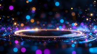 Glowing neon ring with colorful bokeh lights and sparkles on dark background creates magical atmosphere for festive designs and holiday backgrounds.