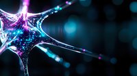 Glowing neuron cell with purple and blue light effects on dark background, scientific visualization showing synaptic connections and neural network activity.