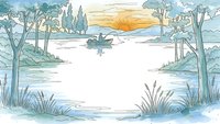 Peaceful lake scene with fishing boat at sunrise, surrounded by trees and reeds. Tranquil watercolor landscape for relaxation and nature themes.