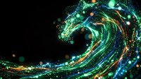 Abstract swirling energy waves with glowing particles and light trails in green, blue, and gold tones on dark background for digital design projects.