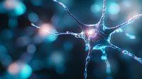 Glowing neuron cell with synaptic connections on dark background with bokeh effect. Scientific visualization of neural network activity in brain tissue.