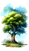 Watercolor-style illustration of lush green tree with twisted trunk against soft blue sky background, suitable for nature-themed designs.