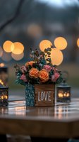 Romantic floral arrangement with orange and pink roses in wooden box with "love" text, surrounded by glowing lanterns and soft bokeh lights in evening atmosphere.