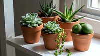 Collection of small potted succulents in terracotta pots on windowsill for home decor and indoor gardening projects.