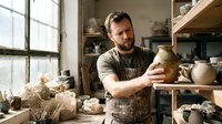 Skilled male potter crafting ceramic vessel in rustic workshop studio with natural lighting and handmade pottery on wooden shelves.