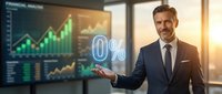 Mature male professional in business suit presenting zero percent interest rate with financial growth charts and data analytics on digital display in modern office setting.