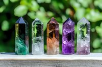 Five colorful crystal healing stones arranged on wooden surface with natural green bokeh background for wellness and meditation practices.