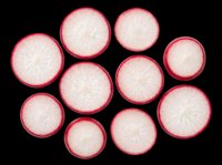 Fresh radish slices arranged in a flat lay, isolated on transparent background, ready for food packaging, stickers, clipart, t-shirt design, and print on demand use.
