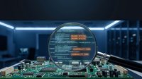 Magnifying glass revealing computer code on circuit board in futuristic server room with blue lighting for cybersecurity and data analysis concepts.