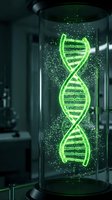 Glowing green DNA double helix structure floating in glass cylinder with sparkling particles for genetic research and biotechnology concepts.