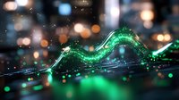 Glowing green wave of digital particles flows through dark space with bokeh light effects, creating futuristic technology visualization background.