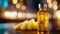 Golden essential oil bottle with fresh lemon slices on wooden surface against blurred warm bokeh background, aromatherapy and natural wellness concept.