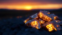 Glowing hot coals and embers in campfire with dramatic sunset sky background creating warm atmospheric outdoor scene for camping adventures.