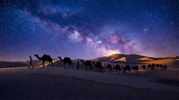 Camel caravan crossing desert dunes under starry night sky with Milky Way galaxy. Desert landscape with silhouetted camels and travelers for travel concepts.