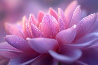 Soft pink lotus flower with delicate water droplets on petals, dreamy purple background with gentle bokeh lighting for spa and wellness concepts.