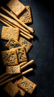 Assorted crackers and breadsticks with sesame and sunflower seeds arranged on dark slate surface for food styling, snacking, and bakery product photography.
