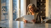 Mature businesswoman with glasses reading documents at office desk during golden hour lighting in modern workplace setting.