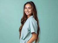 Young Asian woman with long dark hair and bright smile wearing mint green medical scrubs against turquoise background, looking confident and friendly. Healthcare concept.