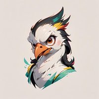 Stylized eagle character portrait with colorful feather details and expressive eyes wearing teal clothing on light background. For game design and animation projects.