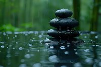 Stacked zen stones in water with falling rain drops creating ripples and reflections against blurred green natural background. Peaceful spa atmosphere.