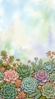 Watercolor succulent garden with pastel pink, purple, and teal rosettes on a soft dreamy background with copy space for text.
