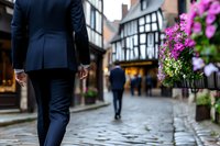 Businessman in navy suit walking on cobblestone street with historic tudor buildings and pink flowers, selective focus on suit details. Atmospheric urban scene.
