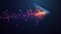 Glowing arrow shape formed by colorful particles and geometric elements on dark background, dynamic motion effect with scattered dots and triangles.
