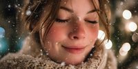 Young woman with closed eyes and gentle smile enjoying snowfall, wrapped in cozy scarf with bokeh lights creating magical winter atmosphere.