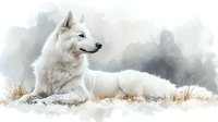 Majestic white wolf resting in snowy winter landscape against moody gray sky, artistic watercolor style composition shows wild animal in natural habitat.