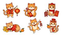 Cute orange cats in red traditional outfits holding lanterns, gold coins, and festive decorations. Isolated clipart set ready for greeting cards, invitations, and design projects.