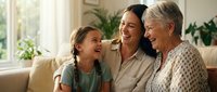 Three generations of women sharing joyful moment together on couch at home. Grandmother, mother and daughter laughing in bright living room with plants.