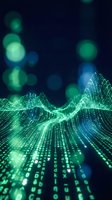 Glowing green digital landscape with flowing binary code and neon grid mountains on dark background, symbolizing cyber technology and data networks.