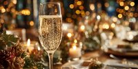 Sparkling champagne flute on elegant holiday table with bokeh lights, candles, and festive decorations for celebration dinner.