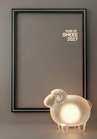 Year of Sheep 2027 ceramic figurine standing beside black frame on neutral background, ready for custom text or design placement.
