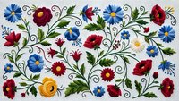 Colorful folk art floral embroidery pattern with decorative swirls and blooming flowers on white background for traditional textile design projects.