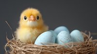 Adorable yellow chick sitting in nest with blue speckled eggs on dark background. Farm poultry, Easter spring concept for greeting cards and decorations.
