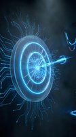 Digital target with glowing blue neon circuits and arrow piercing center, representing precision, technology, and data analytics for business and marketing concepts.
